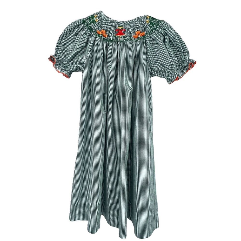 Vintage Mother Goose Green White Gingham Dress Smocked‎ Pumpkins Scarecrow 4T
